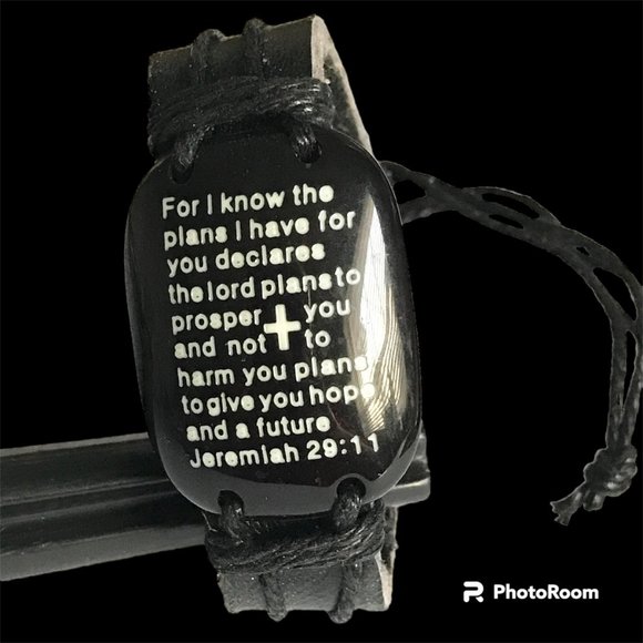 Jeremiah 29:11 Bible Verse Message Bracelet Mens Womens Black Leather Rope - Picture 2 of 11